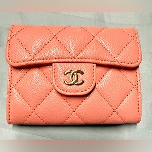 Chanel Class Flap Card Holder Caviar Leather Coral Pink. Size XL